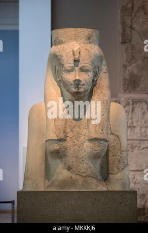 London. England. British Museum. Bust representing Egyptian goddess Hathor, ca. 1390-1352 BC, from the mortuary temple of Merenptah,  originally from  Stock Photo