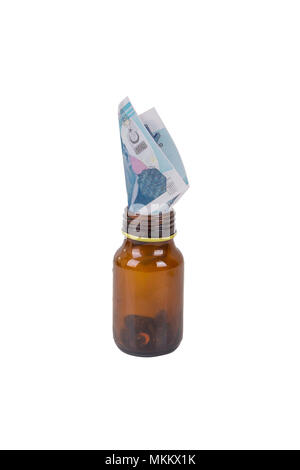 Stack of Turkish liras banknotes inside and medicine pills bottle with the meaning of health and medicine expensiveness, isolated on white background. Stock Photo