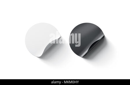 Blank black and white round adhesive stickers mockup with curved corner. Empty circle sticky label mock up with curl. Clear adherent tag template for  Stock Photo