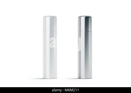 Blank white and steel closed hairspray bottle mock up, isolated. Empty deodorant mockup front view. Clear stainless aerosol container template Stock Photo