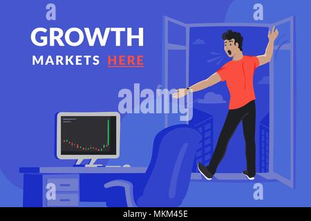 Surprised investor in the window is going to fall down at the moment when on computer screen downtrend market graph changed to high growth. Growth mar Stock Vector