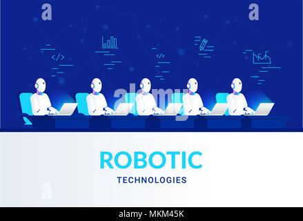 Robotic technologies for online assistance and machine learning. Gradient vector illustration of group of robots and big data analysis. Robots working Stock Vector