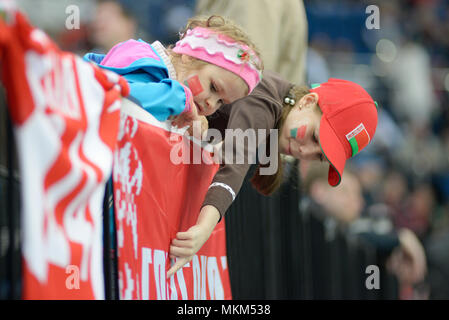 MINSK, BELARUS - MAY 7: Fans of Belarus reacts during 2014 IIHF World Ice Hockey Championship match on May 7, 2014 in Minsk, Belarus Stock Photo