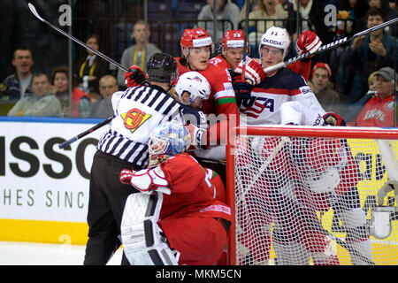 MINSK, BELARUS - MAY 7: USA and Belarus team fights during 2014 IIHF World Ice Hockey Championship match on May 7, 2014 in Minsk, Belarus Stock Photo