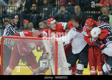 MINSK, BELARUS - MAY 7: USA and Belarus team fights during 2014 IIHF World Ice Hockey Championship match on May 7, 2014 in Minsk, Belarus Stock Photo