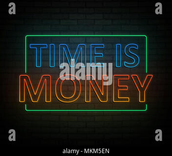 3d Illustration depicting an illuminated neon sign with a time is money concept. Stock Photo