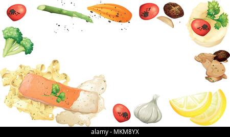 Salmon and Pasta Element on Whit Background illustration Stock Vector
