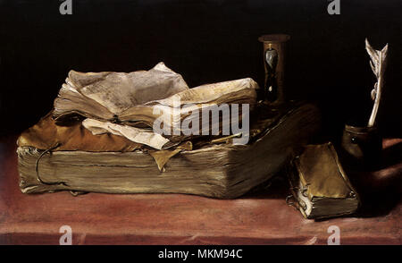 Still Life with Books and Hourglass Stock Photo