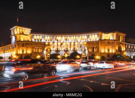 The Government of the Republic of Armenia and Central Post Office on Republic Square in Yerevan at night, Armenia. Stock Photo
