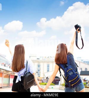 two girls having fun on summer vacations Stock Photo