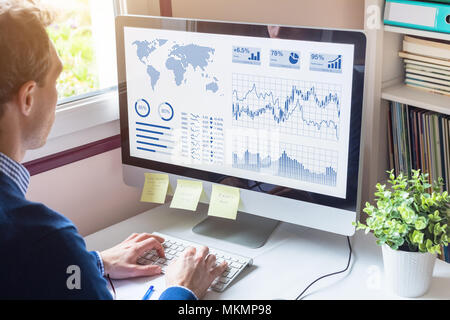Businessman analyzing Business Analytics (BA) or Intelligence (BI) dashboard with Key Performance Indicators (KPI) and financial metrics to take inves Stock Photo