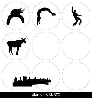 Set Of 9 simple editable icons such as free nashville sky, backflip, female moose, elvis, charleston cleveland edmonton donald trump hair, can be used Stock Vector