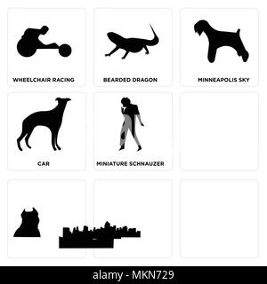 Set Of 9 simple editable icons such as richmond sky, michael jackson, whippet, f16, miniature schnauzer, car, minneapolis bearded dragon, wheelchair r Stock Vector