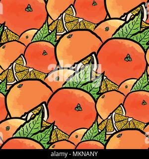 vector seamless pattern of oranges. hand-drawn and colored illustration Stock Vector