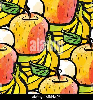 vector seamless pattern of bananas and apples. Hand-drawn and colored illustration Stock Vector