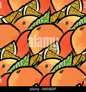 vector seamless pattern of fresh oranges. Hand-drawn and colored illustration Stock Vector