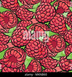 vector seamless pattern of raspberries. Hand-drawn and colored illustration Stock Vector