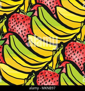 vector seamless pattern of strawberries and bananas. Hand-drawn and colored illustration Stock Vector