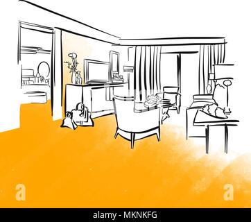 Hotel room and furniture concept drawing, hand-drawn vector illustration Stock Vector