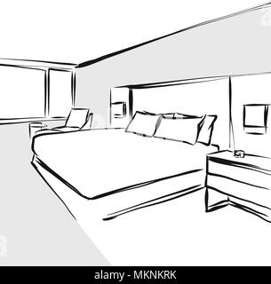 bedroom interior design concept drawing, hand-drawn vector illustration Stock Vector