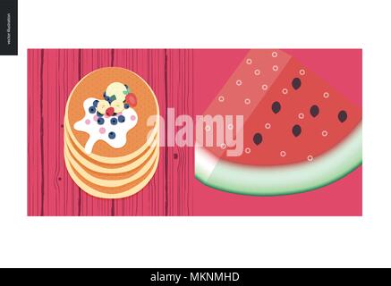Simple things - color - flat cartoon vector illustration of stack of pancakes, vanilla ice cream scoop, bananas, huckleberries, strawberries, raspberr