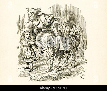 This illustration of Alice and tthe Old Knight on Horseback is from 'Through the Looking-Glass and What Alice Found There' by Lewis Carroll (Charles Lutwidge Dodgson), who wrote this novel in 1871 as a sequel to 'Alice's Adventures in Wonderland.' The Old Knight is the White Knight and here he is being thrown off his horse. Stock Photo