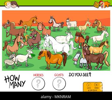 Cartoon Illustration of Educational Counting Game for Children with Horses and Goats Farm Animals Characters Group Stock Vector