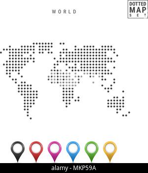 Vector Dotted Map of the World. Simple Silhouette of the World. Set of Multicolored Map Markers Stock Vector