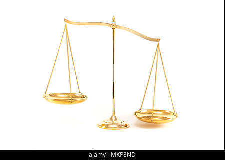 Golden brass balance or imbalance scale isolated on white background. Weight balance, Symbol of law justice, libra, decision Stock Photo