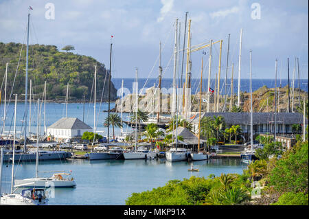 Antigua Lesser Antilles islands in the Caribbean West Indies - View across English Harbour home to Nelsons Dockyard with expensive yachts moored Stock Photo