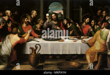 Last Supper, Christ sits at a table with his disciples. He is ...