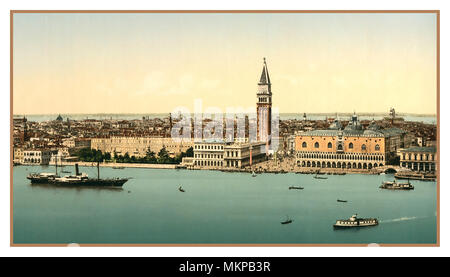 VENICE Vintage Old Historic Wide View Photochrom Doges' Palace, and Saint Marks Square Venice, Italy 1900 Photochrome evocative artistic Grand Canal view Venice, Italy. Using post colouring technique via transfer onto lithographic printing plates from Black and White negative images. Chromolithograph process. Stock Photo