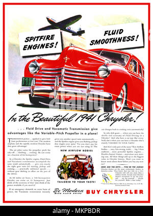 1941 American Chrysler saloon Automobile USA press advertisement with 'Spitfire Engine' and fluid drive Stock Photo