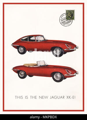 XK-E 1961 E-Type USA American launch press advertisement for hard top and soft top E-Type Jaguar Sports Car illustrated as a first day cover stamp Stock Photo