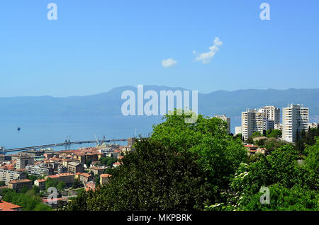 Rijeka, Croatia. Landscape of the city by the Trsat castle.  It is thought that the castle lies at the exact spot of an ancient Illyrian and Roman fortress. Stock Photo