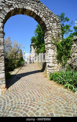 Rijeka, Croatia. Trsat castle.  It is thought that the castle lies at the exact spot of an ancient Illyrian and Roman fortress. The entrance of Trsat castle. Stock Photo