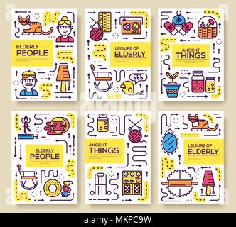Grannys day thin line icons design cards. Outline old people and adult items background concept. Template of flyear, magazine, poster, book cover, banners. Vector elderly grandmother and grandfather house  Stock Vector
