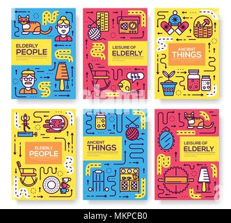 Set of thin line Grannys day pattern concept. Art  old character people, magazine, book, poster, abstract, banners, element. Vector adult  outline package greeting card or invitation brochure design. Stock Vector