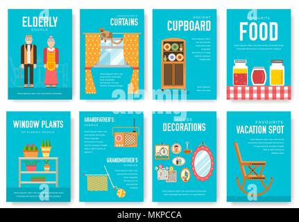 Grannys day brochure cards set. old character people template of flyear, magazine, poster, book cover, banners. grandmother and grandfather house invitation concept background. Layout modern page Stock Vector