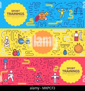 Thin line sporty men doing exercises brochure card set.  Working out in gymnasium template of flyear, magazines, poster, book cover, banners. Outline people working out in sport gym invitation concept Stock Vector