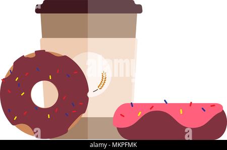 Fresh coffee cup and delicious donuts. Flat design Stock Vector