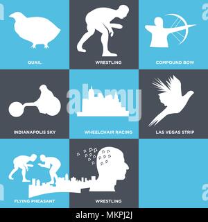 Set Of 9 simple editable icons such as music notes in side head, wrestling, flying pheasant, las vegas strip, wheelchair racing, indianapolis sky, com Stock Vector