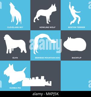 Set Of 9 simple editable icons such as dayton sky, scottie dog, guinea pig, backflip, bernese mountain elvis, boston terrier, howling wolf, cleveland  Stock Vector