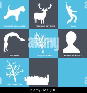 Set Of 9 simple editable icons such as mesquite tree, charleston sky, cleveland female headshot, backflip, elvis, free clip art deer, miniature schnau Stock Vector