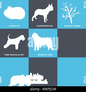 Set Of 9 simple editable icons such as bernese mountain dog, miniature schnauzer, fort worth sky, edinburgh mesquite tree, free nashville boston terri Stock Vector