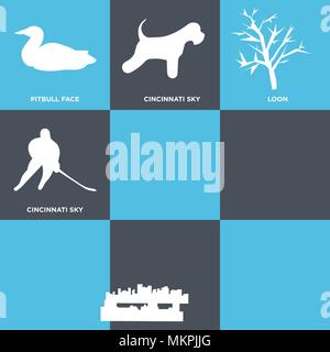 Set Of 9 simple editable icons such as charleston sky, omaha girl hockey player, mesquite tree, miniature schnauzer, cincinnati loon, pitbull face, ca Stock Vector