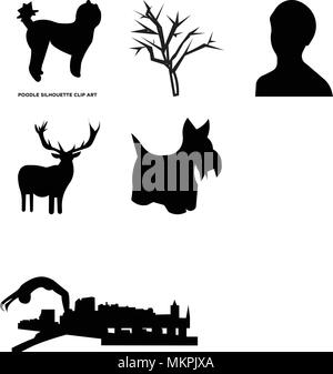 Set Of 9 simple editable icons such as edinburgh sky, richmond dayton scottie dog, free clip art deer, female headshot, sf mesquite tree, poodle, can  Stock Vector