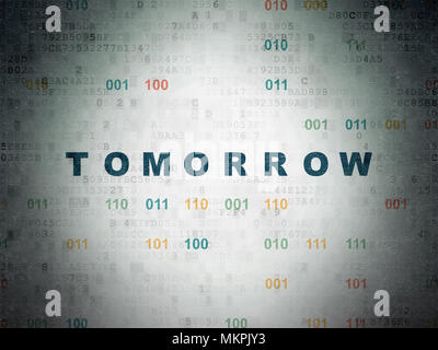 Time concept: Painted blue text Tomorrow on Digital Data Paper background with Binary Code Stock Photo