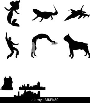 Set Of 9 simple editable icons such as boston terrier, backflip, elvis, f16, bearded dragon, little mermaid, minneapolis sky, omaha cleveland can be u Stock Vector