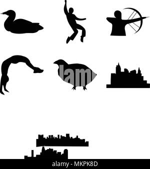 Set Of 9 simple editable icons such as las vegas strip, quail, cleveland sky, backflip, compound bow, pitbull face, elvis, cincinnati loon, can be use Stock Vector